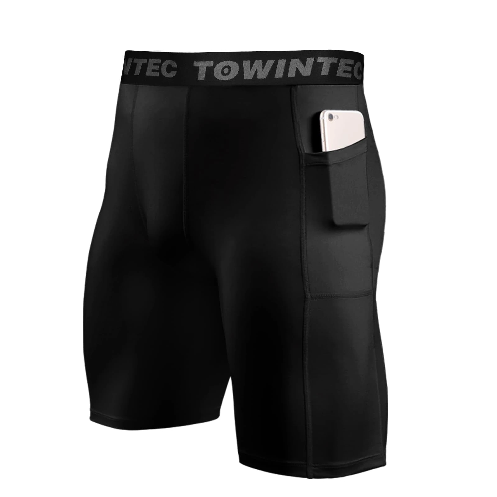 Towintec Men’s Compression Shorts with Pocket Sports Running Tights Pockets Underwear Athletic Workout Spandex Base Layer Short for Biker Basketball Volleyball Training(Black,M)