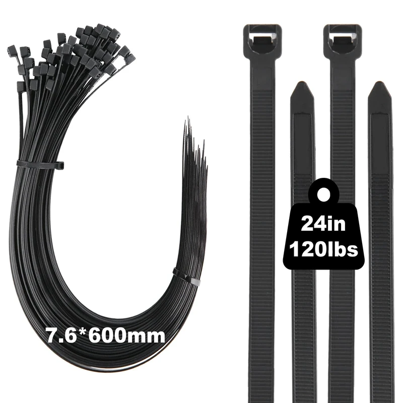 120 lbs Cable Ties Heavy Duty 100 Pack, 24 inch Long Zip Ties, 600 mm x 7.6 mm Black Nylon Plastic Self Locking Cable Wrap with UV Resistant for Tidy Wires, Workshop, Home, Garden and Outdoor
