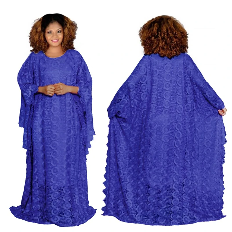 HD Women's Solid Color Lace Kaftan Dress Embroidery Rihestone Evening Party Gown Plus Size, Blue-75, One Size