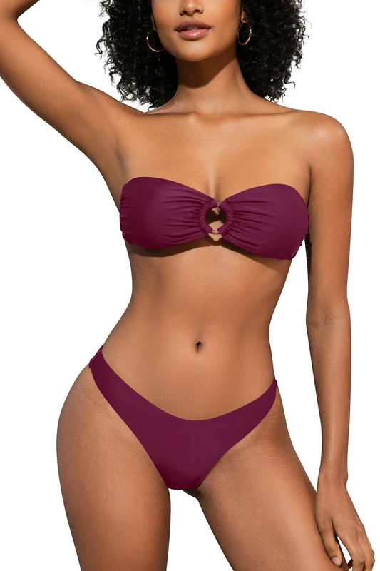 SHEKINI Women's Two Piece Swimsuit O Ring Strapless Bandeau Bikini Sets for Women with Sexy High Cut Cheeky Bottoms Beach Brazilian Swimwear, Purple, XS