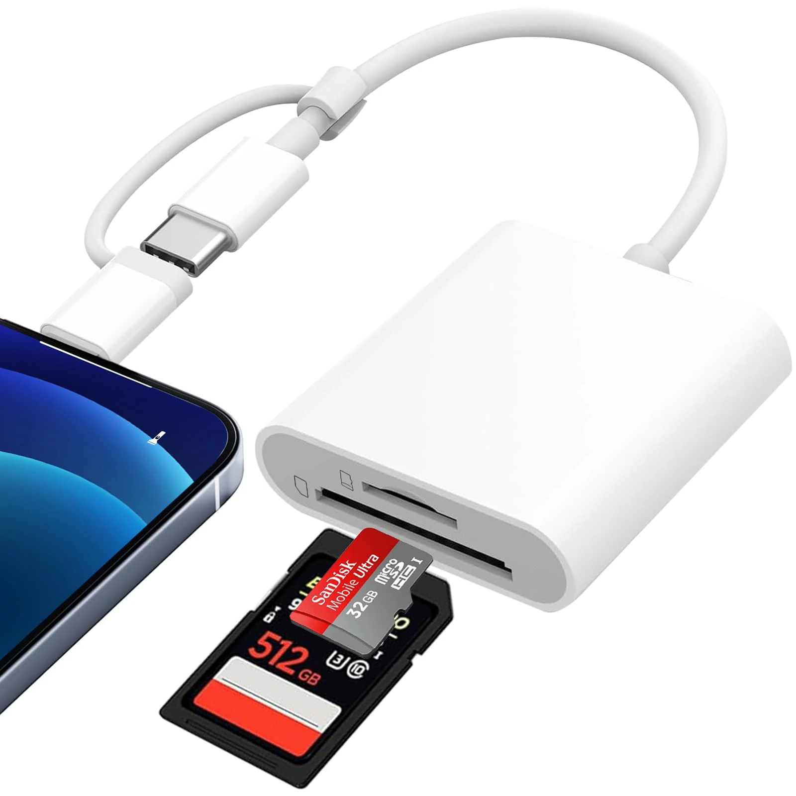 SD Card Reader for iPhone, Lightning USB C SD Card Reader for Micro SD/SD, 2 in 1 SD/TF Camera Card Viewer Memory Card Reader for iPhone/iPad/Macbook/Android/Samsung/Camera