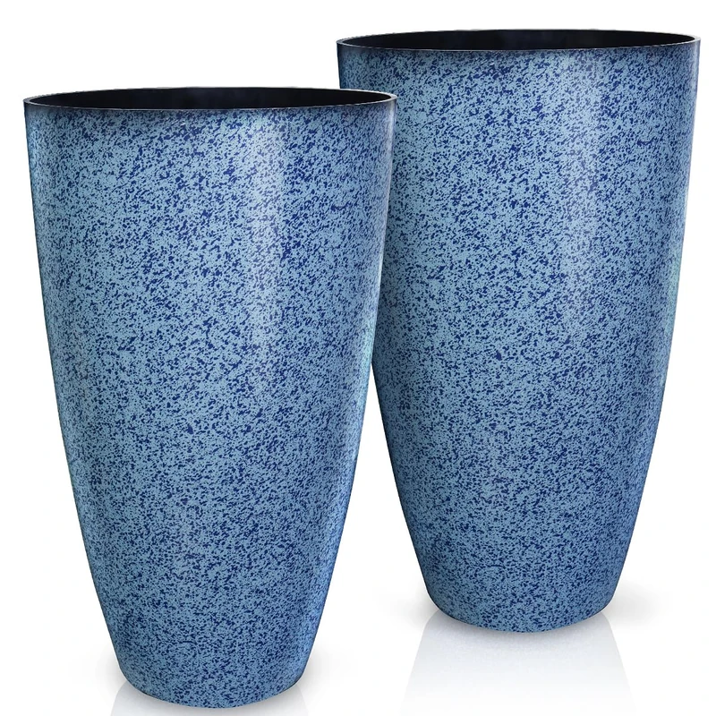 Megawodar 2 Pcs Pack 21 Inches Plastic Resin Tall Tapered Planter Pots Large Round Planter Flower Pot with Drainage Holes for Indoor Outdoor Deck Porch Garden Home Patio Front Door (Blue, L)