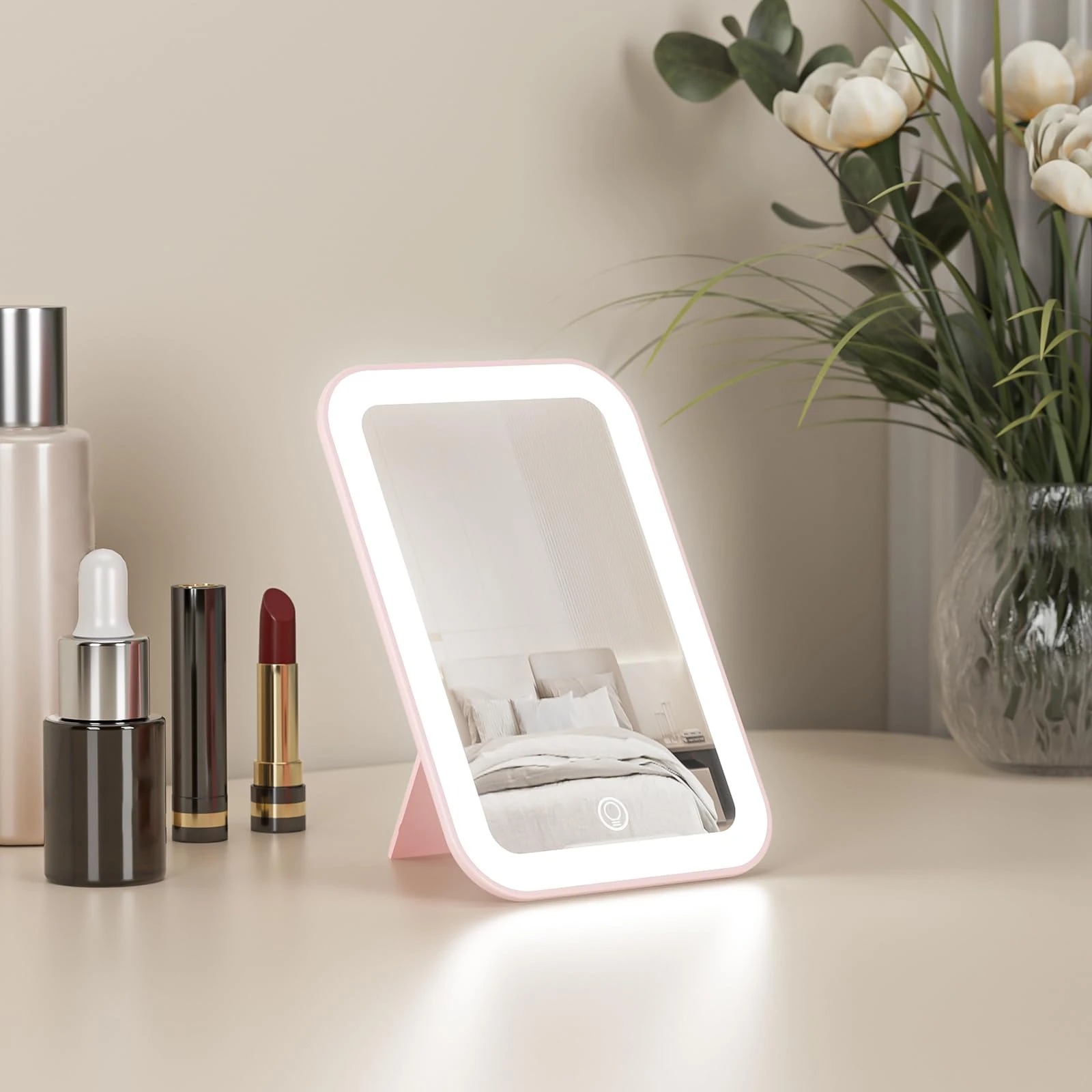 Kintion 10.7 * 15.5cm Travel Makeup Mirror, LED Portable Rechargeable Light Up Mirror, Dimmable 3 Color Modes, Touch Screen, Desk Tabletop Mirrors for Handbag, Gifts for Girls, Pink