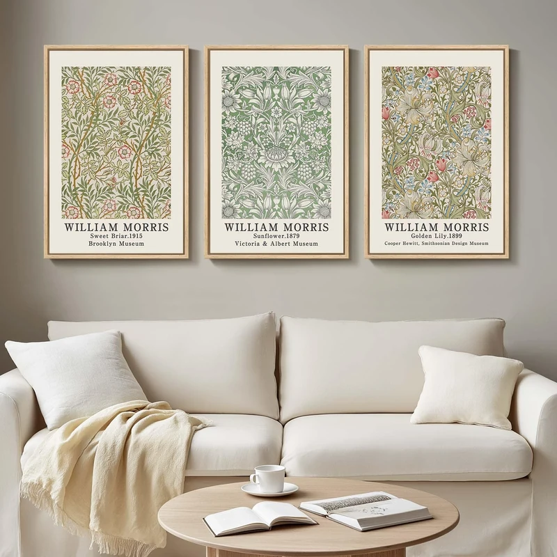 Framed William Morris Canvas Wall Art for Living Room, 3 Piece Large Vintage Sage Green Artwork for Walls Nature Floral Botanical Picture Prints for Bedroom, Hallway, Home Office Wall Decor, 16x24