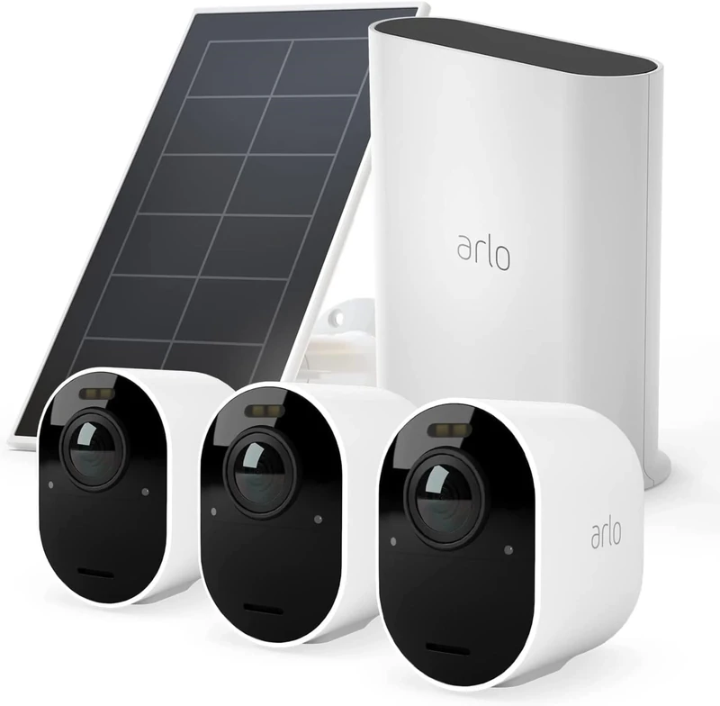Arlo Ultra 2 4K Security Camera Outdoor Wireless with Solar Panels, 4K UHD Wireless CCTV, Battery Operated, Colour Night Vision, Spotlight, 2-Way Audio, Free Trial of Arlo Secure, 3 Cameras, White