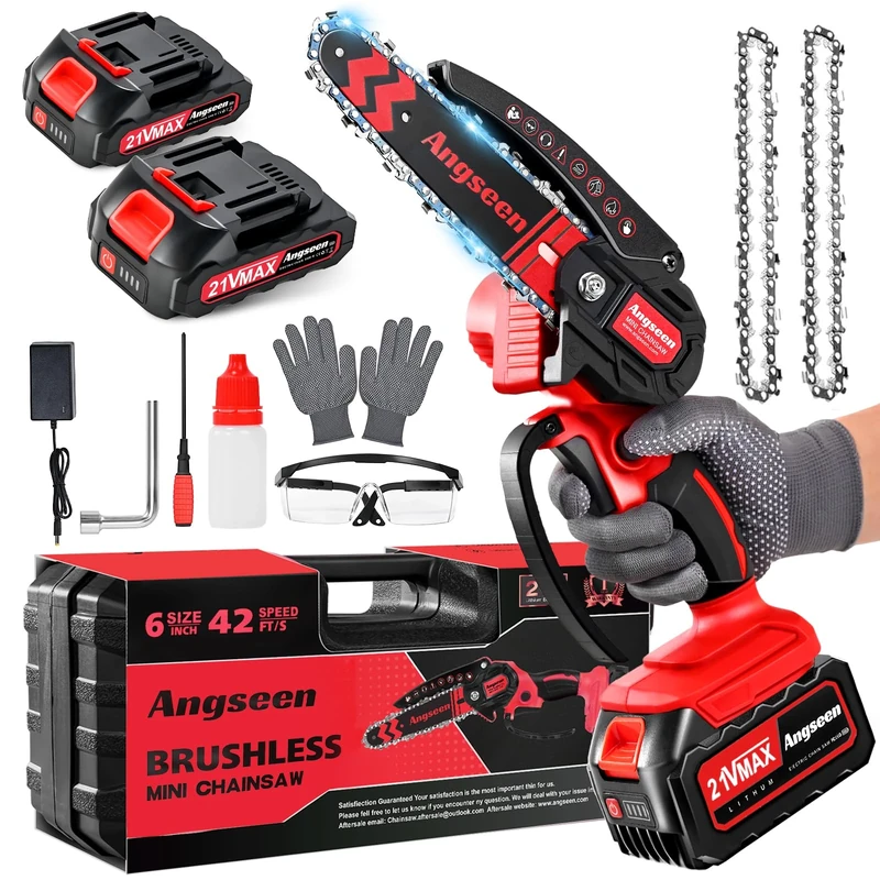 Brushless Mini Chainsaw Cordless 6 Inch, Electric Saw Battery Chainsaw Chain Saws with 2 2.0Ah Battery and 2 Super Chains (Red,4000+4000mAh)