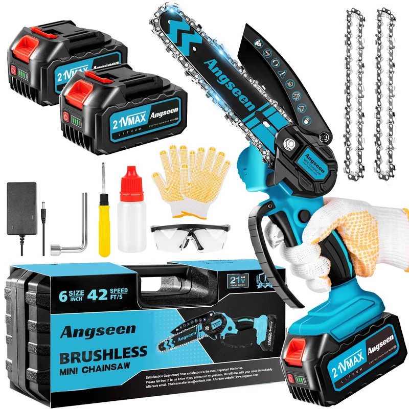 Brushless Mini Chainsaw Cordless 6 Inch, Electric Saw Battery Chainsaw Chain Saws with 2 2.0Ah Battery and 2 Super Chains (Blue,4000+4000mAh)
