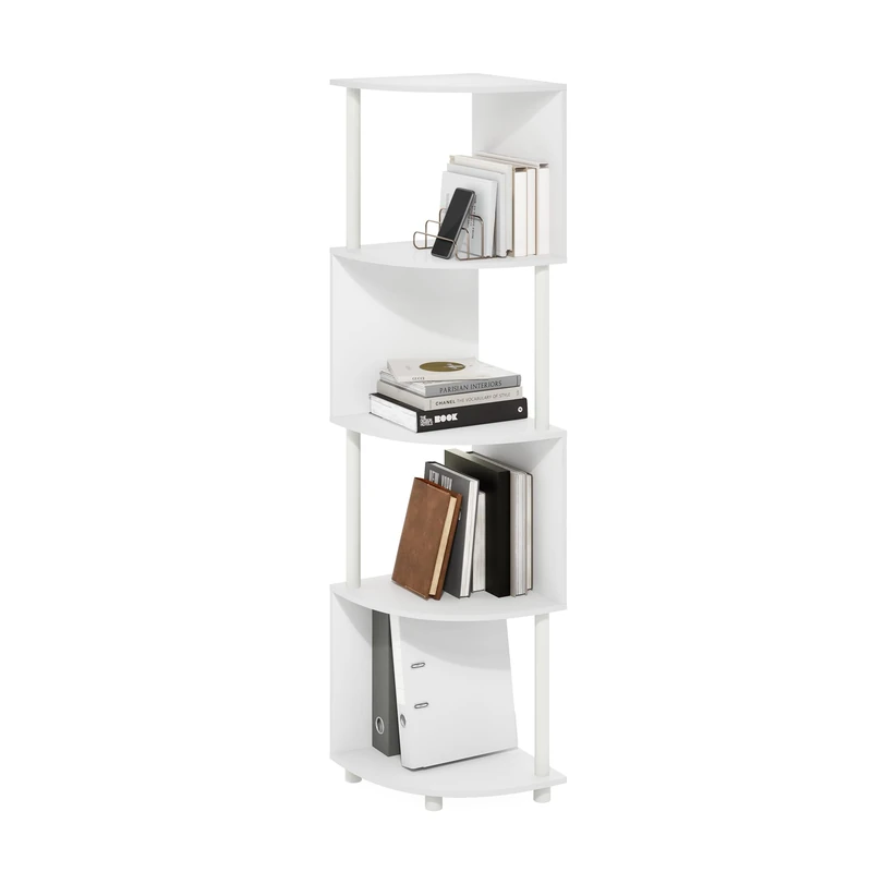 Furinno ECON Corner Shelf, 4-Tier Corner Book Shelf, Zigzag Storage Shelves, Display Rack, Bookshelf, for Organization and Storage, Living Room, Home Office, White