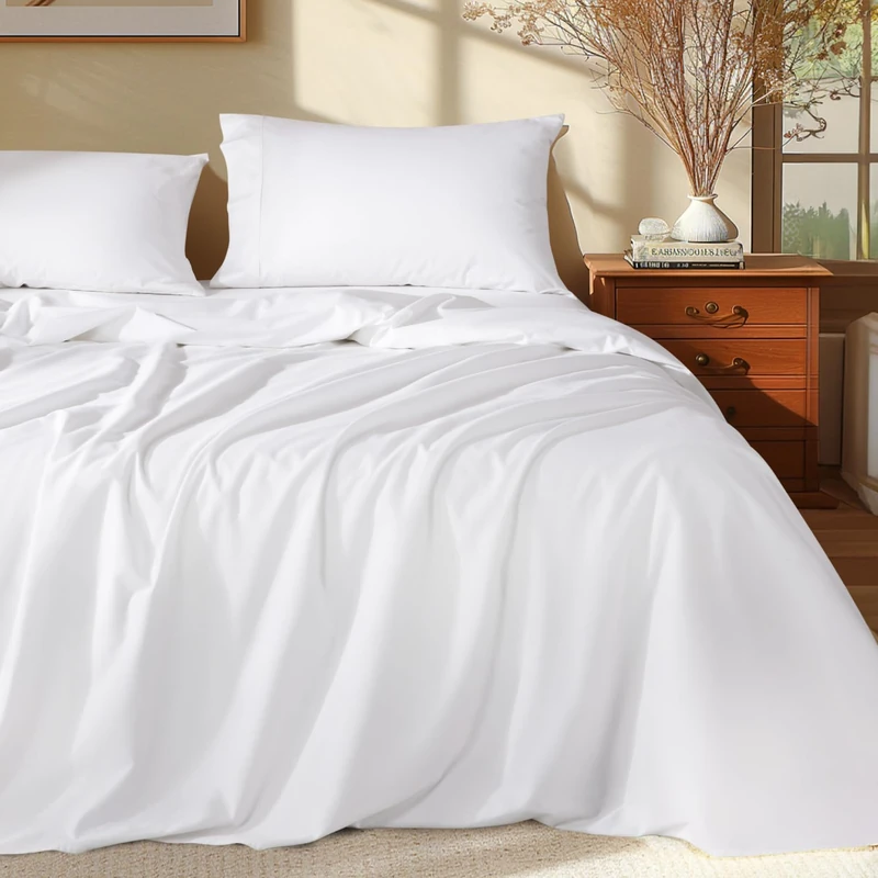 Shilucheng 100% Egyptian Cotton，Luxury Cotton Bed Sheets，Breathable & Cooling Bedding and Pillow Cases, 16 Inch Deep Pocket - 4 Piece (White, Queen)