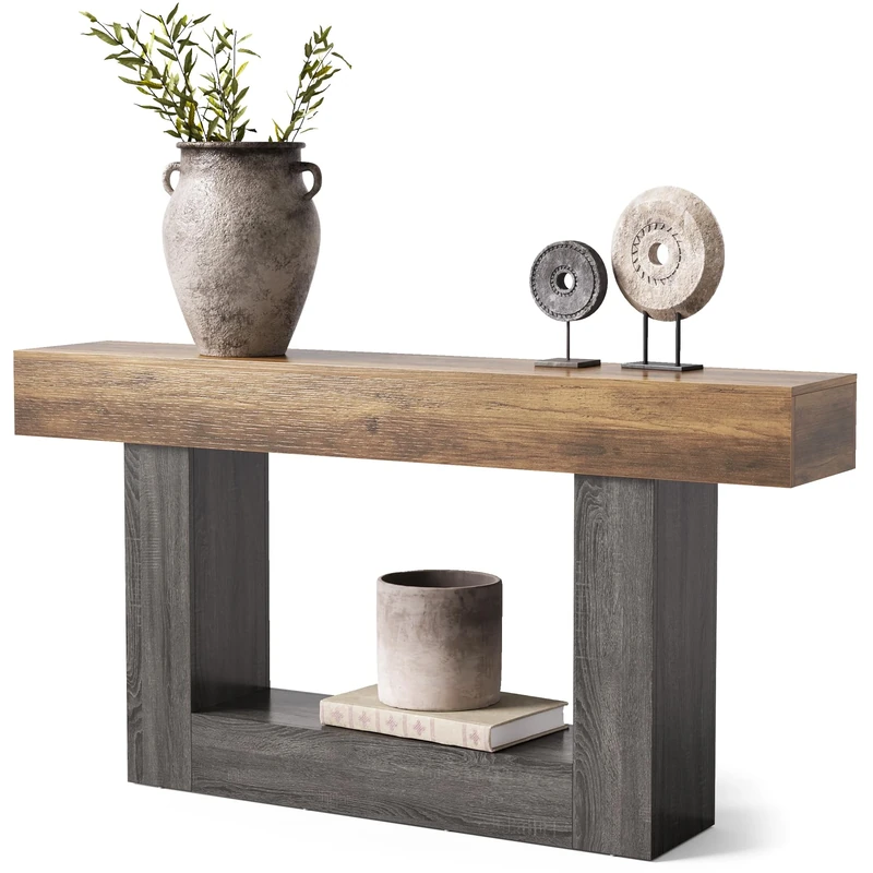 LITTLE TREE 63 Inches Long Console Table, 2-Tier Farmhouse Sofa Table Behind Couch, Large Narrow Entryway Table for Living Room, Wooden Hallway Foyer Table with Heavy Duty Base, Rustic Brown and Grey
