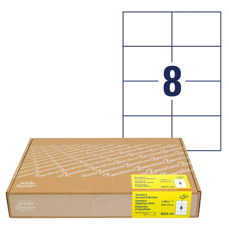 AVERY Zweckform 8024 Universal Labels (2,400 Adhesive Labels A7, 105 x 74 mm on A4, Printable Shipping Labels, Self-Adhesive Address Labels, Shipping Stickers, 3427) 300 Sheets