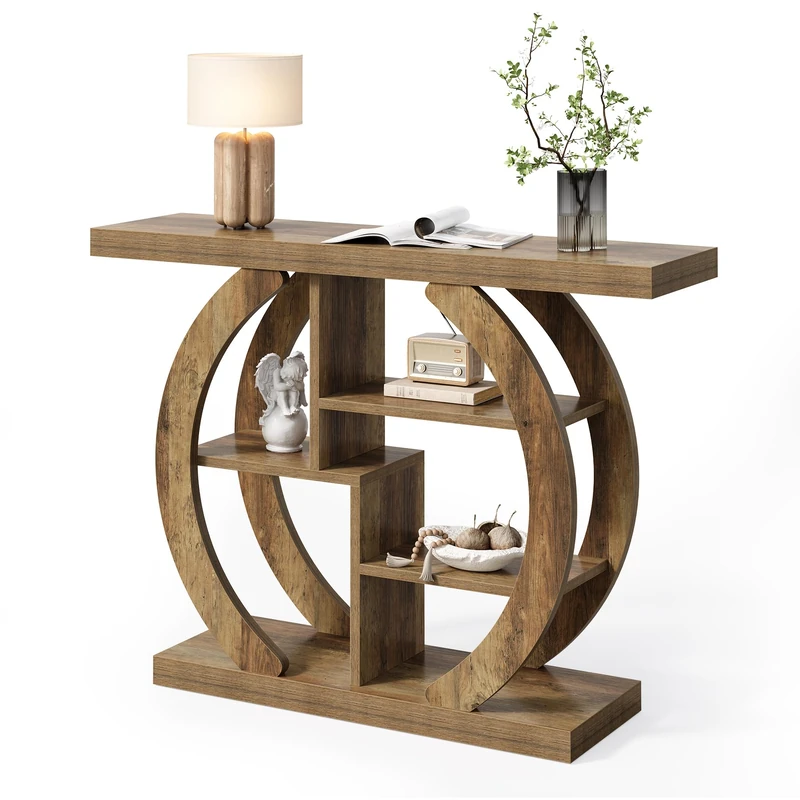 LITTLE TREE Console Table, 4-Tier Sofa Table with Circle Base, Narrow Wooden Entryway Table with Accent Shelves for Hallway, Living Room, Rustic Brown, 108x30x82cm