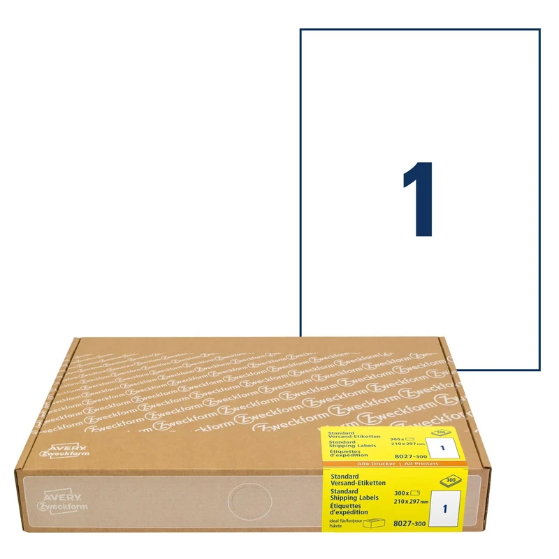 AVERY Zweckform 8027 Shipping Labels (300 Adhesive Labels A4, 210 x 297 mm on A4, Printable Shipping Labels for Hermes, DHL, GLS, DPD, UPS, FedEx, Self-Adhesive Address Labels, 3478) 300 Sheets