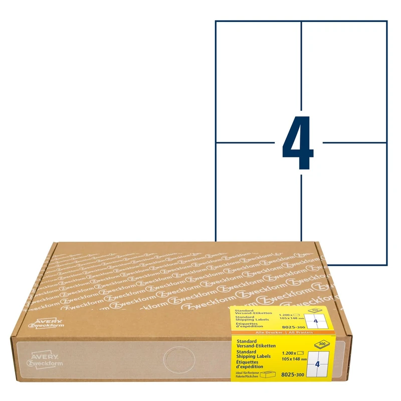 AVERY Zweckform 8025 Shipping Labels (1,200 Adhesive Labels A6, 105 x 148 mm on A4, Printable Shipping Labels for Hermes, DHL, GLS, DPD, UPS, FedEx, Self-Adhesive Address Labels, 3483) 300 Sheets