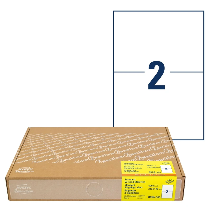 AVERY Zweckform 8026 Shipping Labels (600 Adhesive Labels A5, 210 x 148 mm on A4, Printable Shipping Labels for Hermes, DHL, GLS, DPD, UPS, FedEx, Self-Adhesive Address Labels, 3655) 300 Sheets