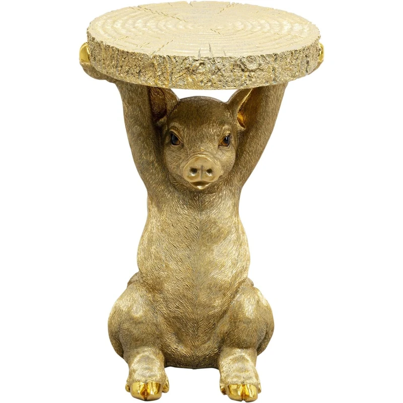 Kare Design Side Table Animal Pig, Gold, 34cm Diameter, Modern, Animal Motif, Gift Idea, Small Sofa Side Table, Round Bedside Table, Room Decor, Home Decoration for Living Room