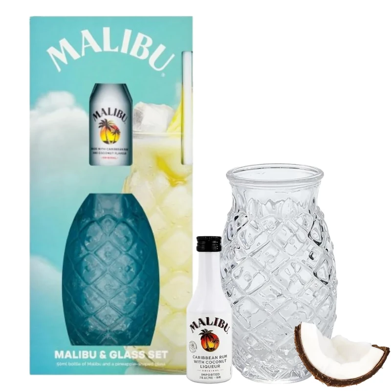 Malibu Caribbean Coconut White Rum Miniature Alcohol Bottle and Pineapple Glass Gift Set, including 5cl Malibu Rum and a Stylish Pineapple-Shaped Glass. Perfect for Christmas and Birthdays.