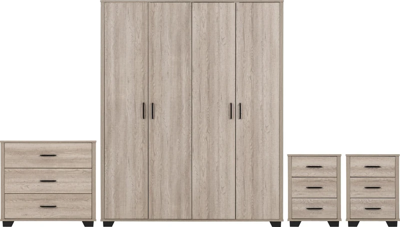 Seconique Oliver 4 Door Wardrobe Bedroom Set in Light Oak Effect