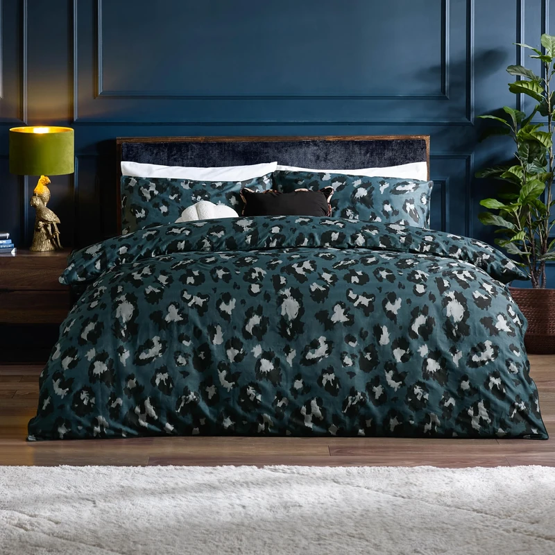 furn. True Leopard Printed Duvet Set - Super King - Slate, Blue