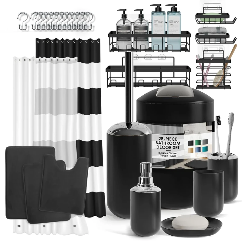 Clara Clark Bathroom Set - 28PC Bathroom Set with Adhesive Corner Shower Caddy Hanging, Bathroom Sets with Shower Curtain and Rugs, Black Shower Curtain Set with Bathroom Trash Can