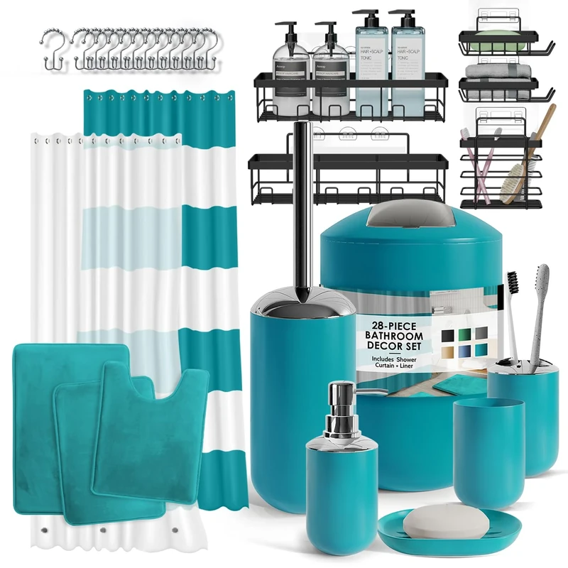 Clara Clark Bathroom Set - 28PC Bathroom Set with Adhesive Corner Shower Caddy Hanging, Bathroom Sets with Shower Curtain and Rugs, Teal Shower Curtain Set with Bathroom Trash Can