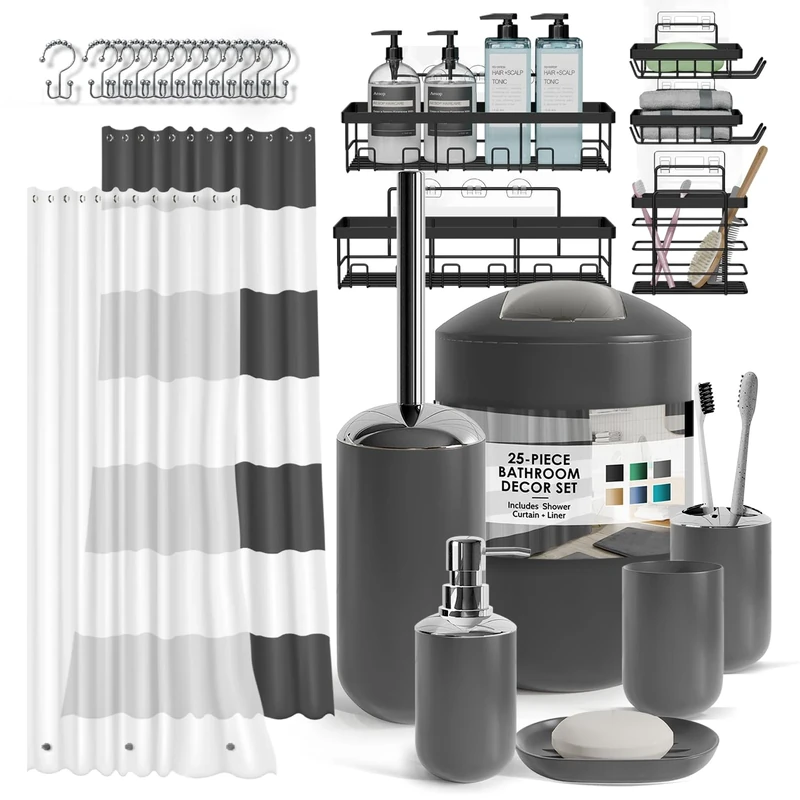 Clara Clark Bathroom Set - Bathroom Set with Adhesive Corner Shower Caddy Hanging, 25PC Bathroom Accessory Set, Grey Shower Curtain Set, Toilet Brush, Trash Can & Soap Dispenser