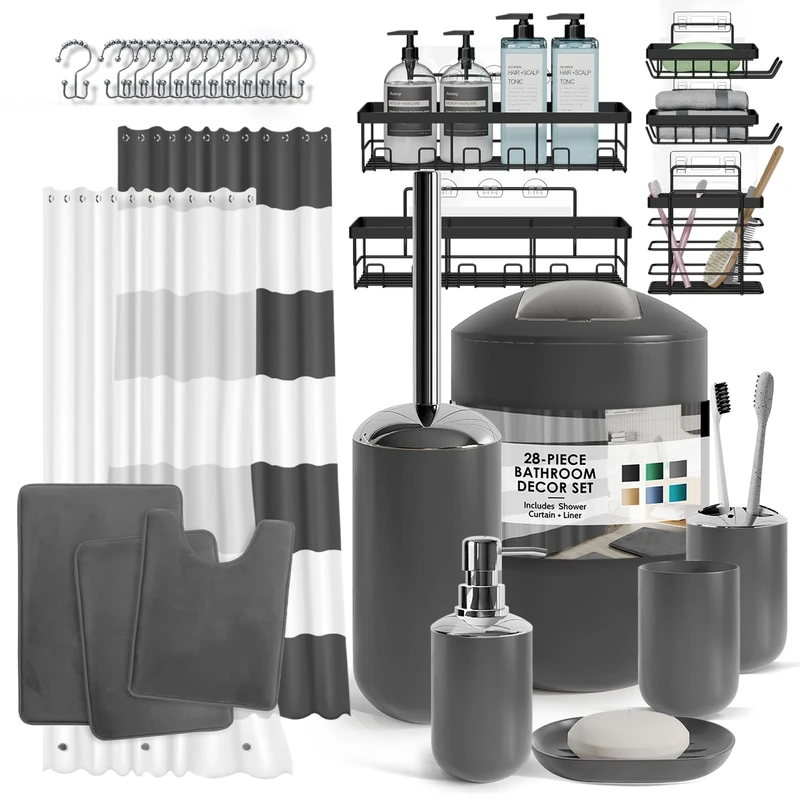 Clara Clark Bathroom Set - 28PC Bathroom Set with Adhesive Corner Shower Caddy Hanging, Bathroom Sets with Shower Curtain and Rugs, Grey Shower Curtain Set with Bathroom Trash Can