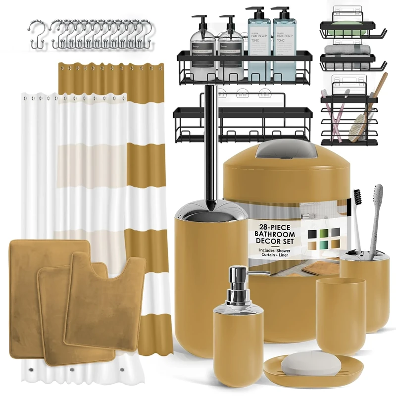 Clara Clark Bathroom Set - 28PC Bathroom Set with Adhesive Corner Shower Caddy Hanging, Bathroom Sets with Shower Curtain and Rugs, Gold Shower Curtain Set with Bathroom Trash Can