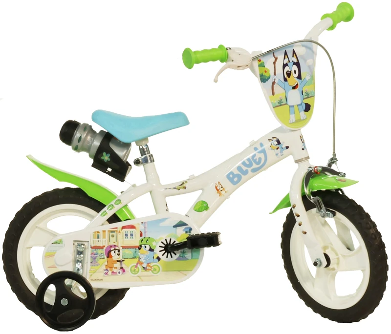 Dino Bikes Bluey 12 Inch Kids Bicycle, White/Blue/Green, Steel Frame, Removable Stabilisers, for Ages 3-5 Years
