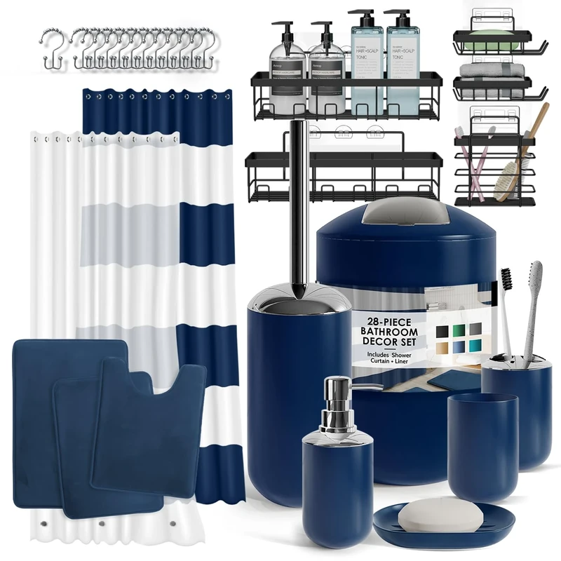 Clara Clark Bathroom Set - 28PC Bathroom Set with Adhesive Corner Shower Caddy Hanging, Bathroom Sets with Shower Curtain and Rugs, Navy Shower Curtain Set with Bathroom Trash Can