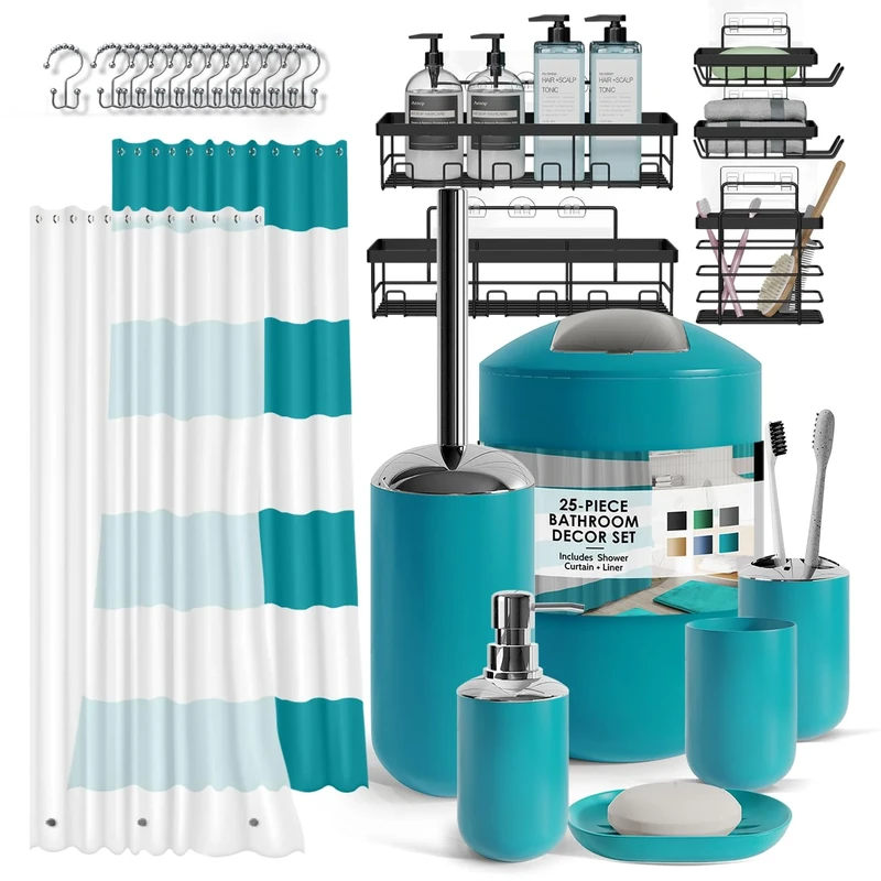 Clara Clark Bathroom Set - Bathroom Set with Adhesive Corner Shower Caddy Hanging, 25PC Bathroom Accessory Set, Teal Shower Curtain Set, Toilet Brush, Trash Can & Soap Dispenser