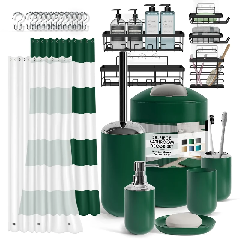 Clara Clark Bathroom Set - Bathroom Set with Adhesive Corner Shower Caddy Hanging, 25PC Bathroom Accessory Set, Green Shower Curtain Set, Toilet Brush, Trash Can & Soap Dispenser