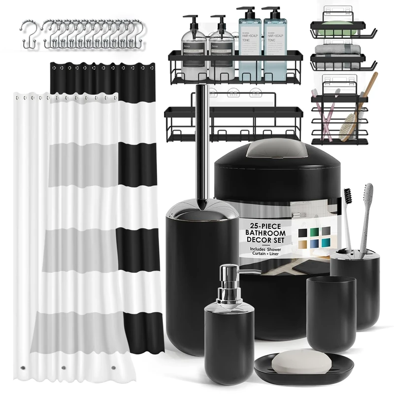 Clara Clark Bathroom Set - Bathroom Set with Adhesive Corner Shower Caddy Hanging, 25PC Bathroom Accessory Set, Black Shower Curtain Set, Toilet Brush, Trash Can & Soap Dispenser