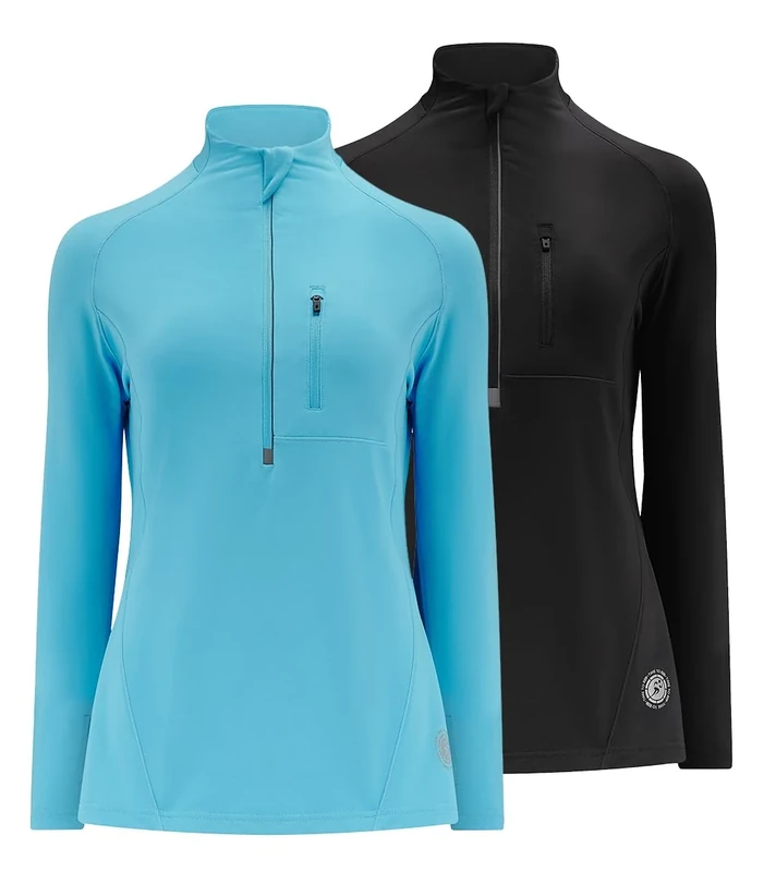 Time To Run Long Sleeve Running/Gym/Sports Top For Women Thermal Breathable Quick Dry Shirt Ideal For Winter With Chest Pocket & Thumbloops 16 Pack Of Two Atoll Blue/Jet