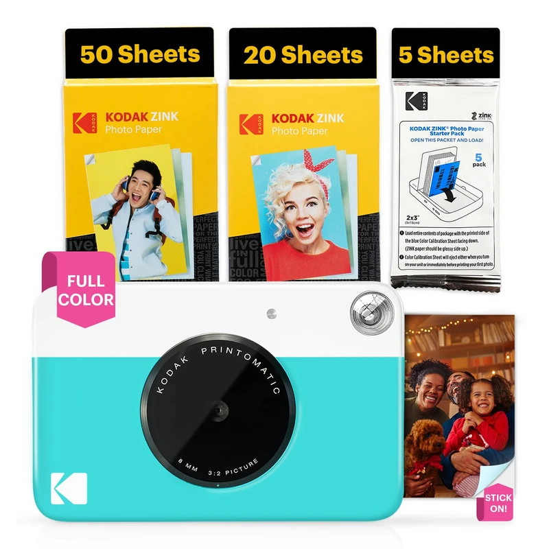 KODAK Printomatic Full-Color Instant Print Digital Camera - 75 Sheets BUNDLE - Prints On Zink 2x3" Sticky-Back Photo Paper - 5MP, Portable, Creative Fun Gift for Birthday, Christmas, Holiday - Blue