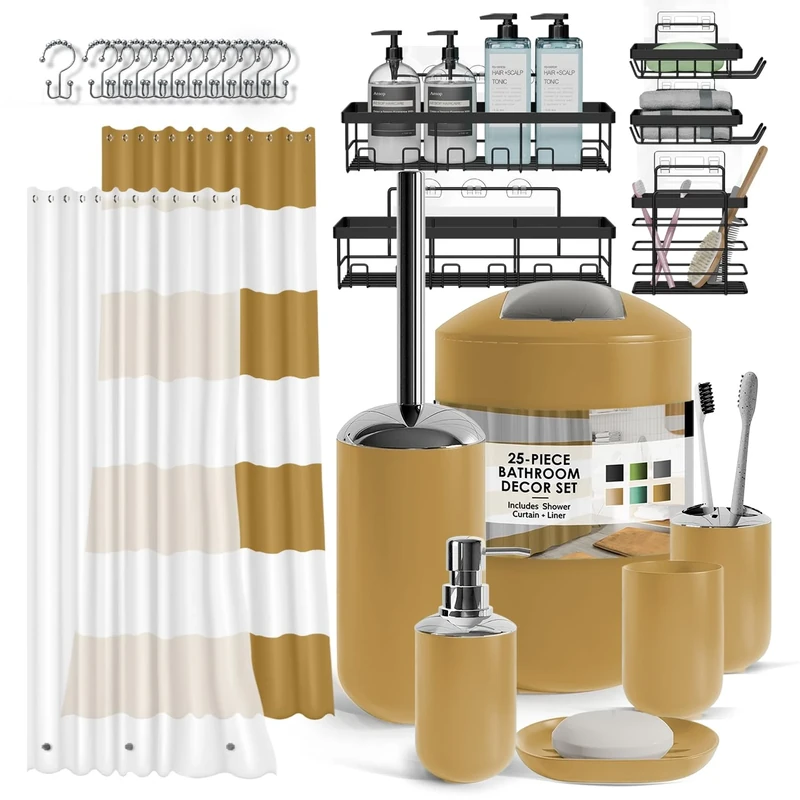 Clara Clark Bathroom Set - Bathroom Set with Adhesive Corner Shower Caddy Hanging, 25PC Bathroom Accessory Set, Gold Shower Curtain Set, Toilet Brush, Trash Can & Soap Dispenser