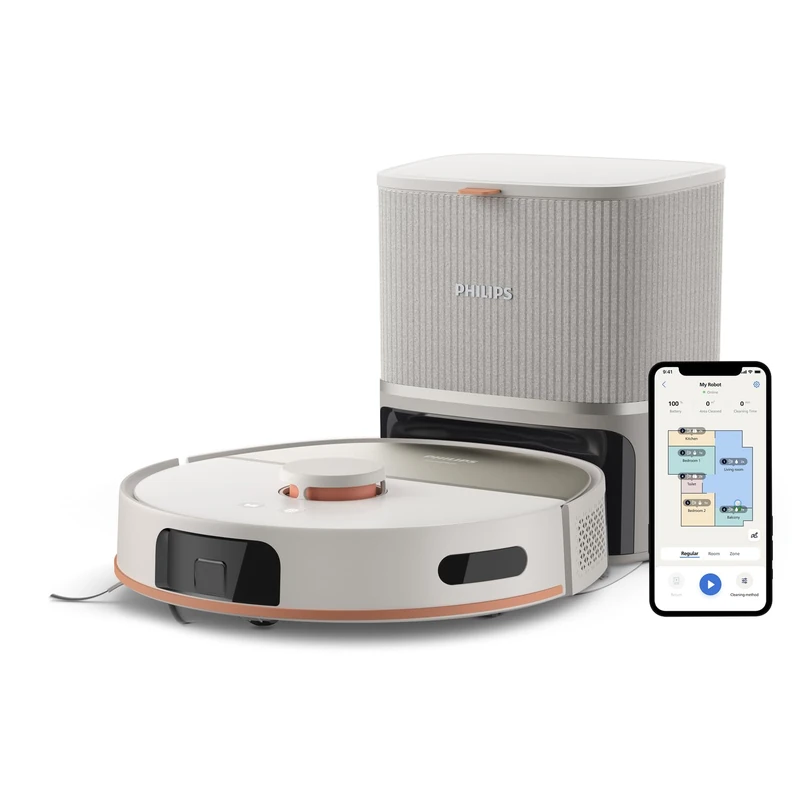 PHILIPS HomeRun 5000 Series Robot Vacuum Cleaner, Double Rotary Pug, Vac & Mop, 10,000Pa Suction, Auto-Empty Station with S-bag®, Line-Laser Navigation, Customization via HomeRun App, Silk Beige