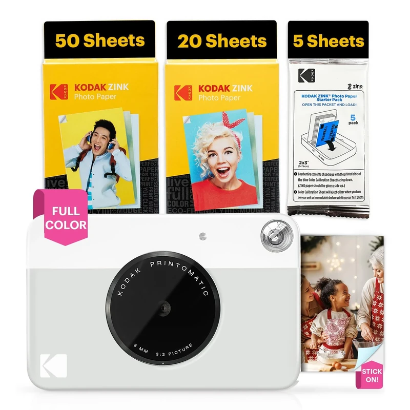 KODAK Printomatic Full-Color Instant Print Digital Camera - 75 Sheets BUNDLE - Prints On Zink 2x3" Sticky-Back Photo Paper - 5MP, Portable, Creative Fun Gift for Birthday, Christmas, Holiday - Grey