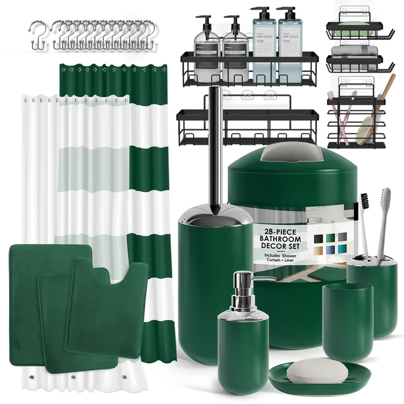 Clara Clark Bathroom Set - 28PC Bathroom Set with Adhesive Corner Shower Caddy Hanging, Bathroom Sets with Shower Curtain and Rugs, Green Shower Curtain Set with Bathroom Trash Can