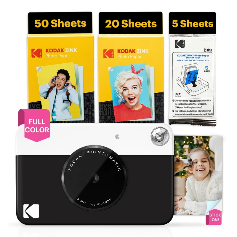 KODAK Printomatic Full-Color Instant Print Digital Camera - 75 Sheets Bundle - Zink 2x3" Sticky-Back Photo Paper - 5MP, Portable, Creative Fun Gift