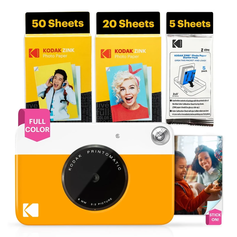 KODAK Printomatic Full-Color Instant Print Digital Camera - 75 Sheets BUNDLE - Prints On Zink 2x3" Sticky-Back Photo Paper - 5MP, Portable, Creative Fun Gift for Birthday, Christmas, Holiday -Yellow