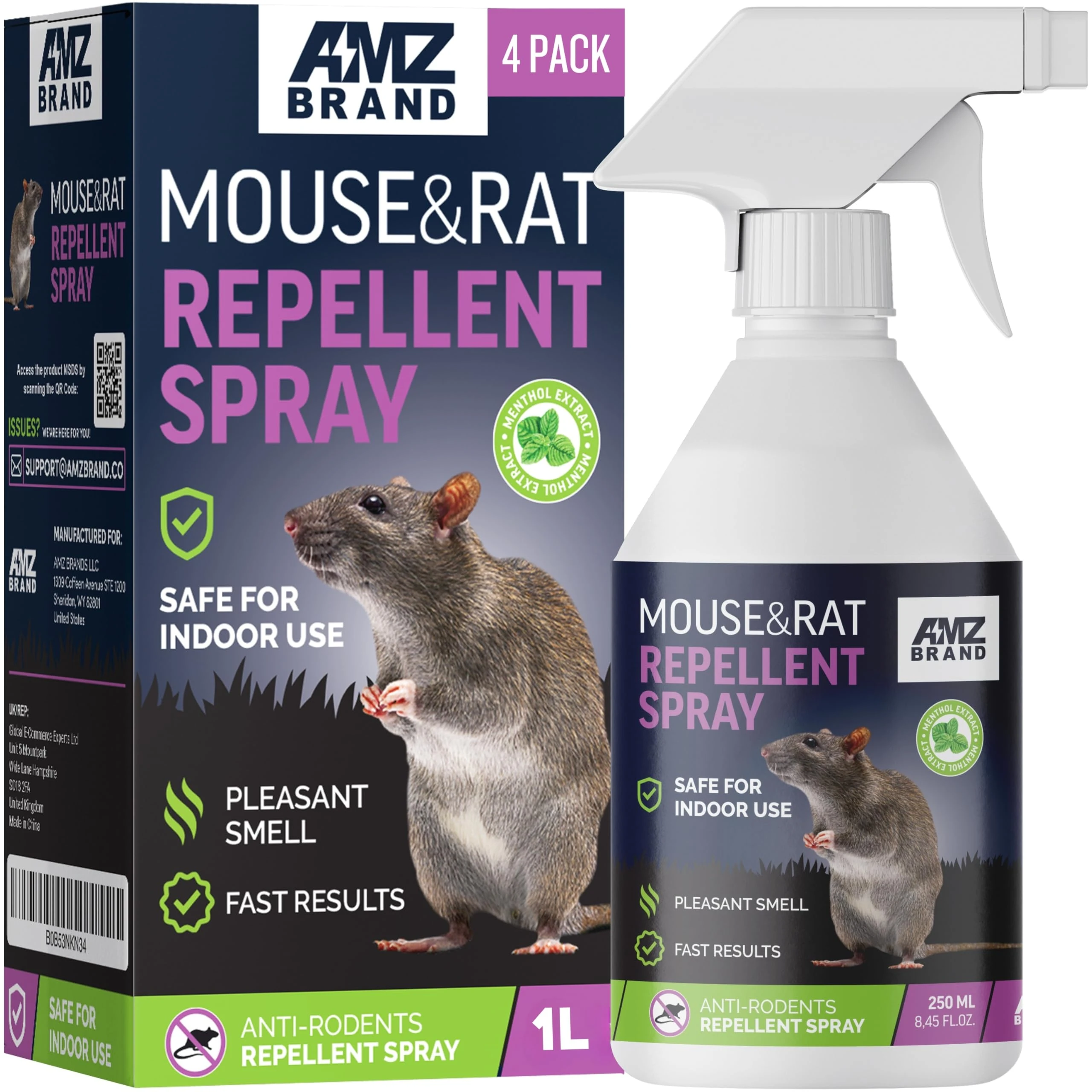 AMZ BRAND Premium Mouse Repellent Spray - Anti-Rat Peppermint Oil Spray for Indoor Use - 1L - Natural Mint Extract with Pleasant Scent - Non Toxic (Pack of 4)