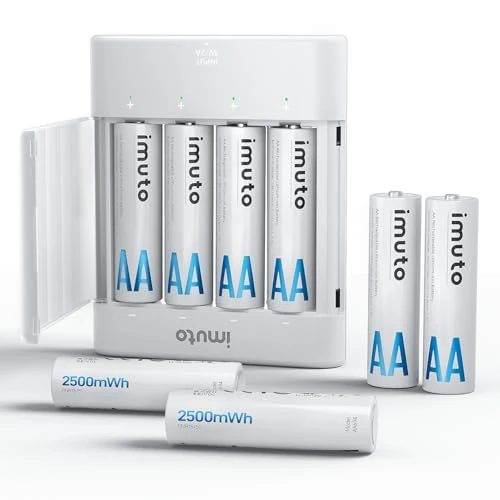imuto Lithium Batteries AA 8 Pack with Slim Charger, 2500 mWh 1.5V Rechargeable AA Lithium Battery Rechargeable Li-ion AA Batteries 1600 Cycles Long Lasting (8Pack-2500mWh)