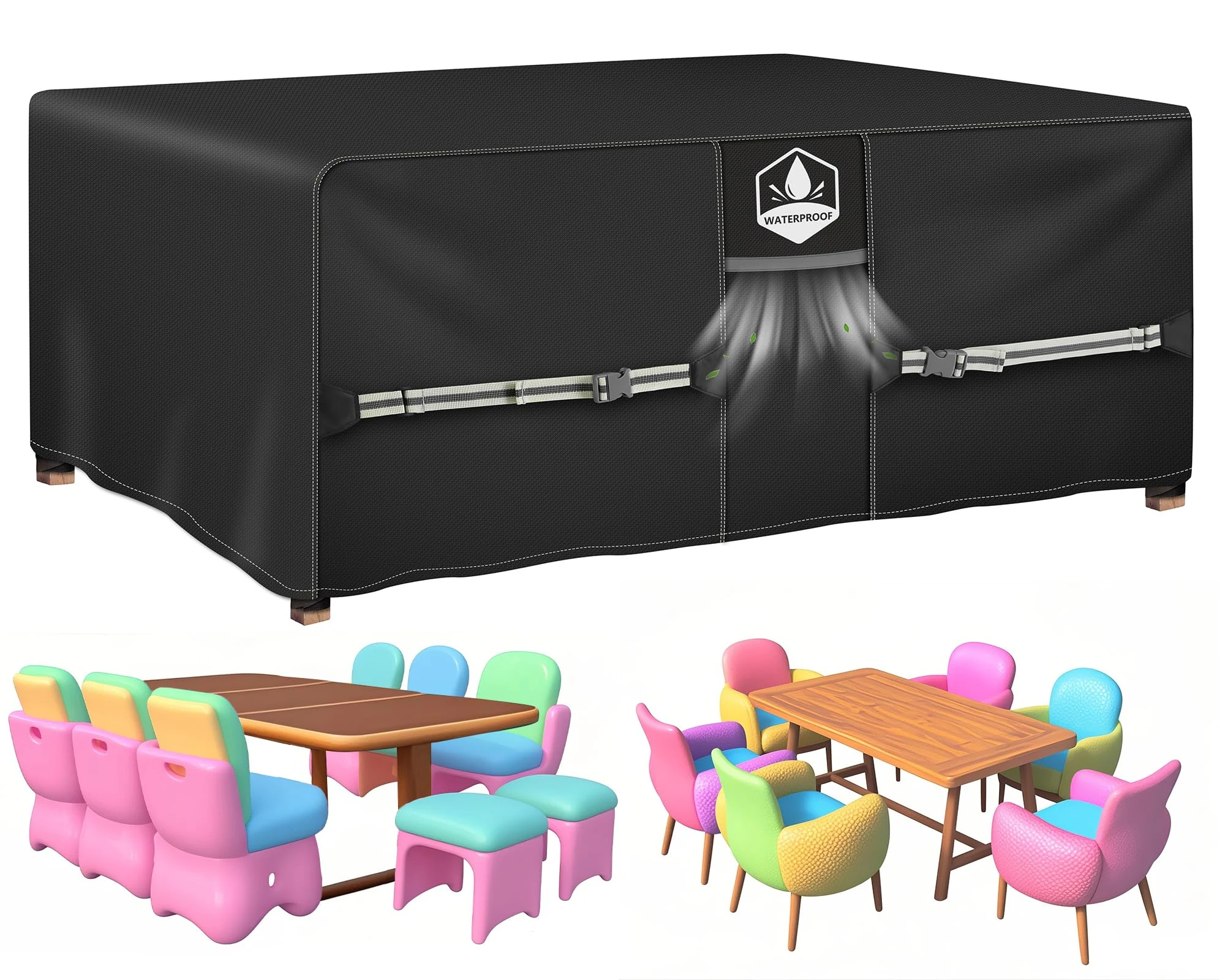 Rimwig Garden Furniture Covers Waterproof, 180X120X74cm Outdoor Patio Table Cover with Air Vent 420D Oxford Heavy Duty, Rattan Furniture Cover for Outside Table and Chair Rectangular