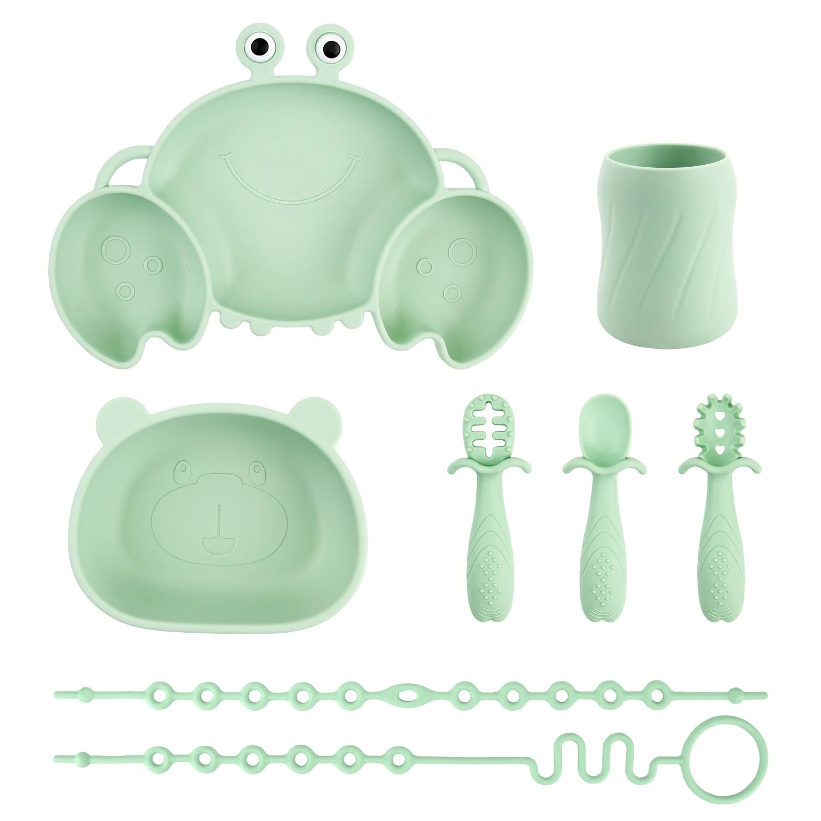 Silicone Baby Feeding Set, 8-Piece Baby Led Weaning Supplies Included Toddler Suction Plate, Bowl, Cup, 3 Spoons & 2 Safety Straps Keep Bottle & Pacifier Off The Floor for Self-Feeding (Green)