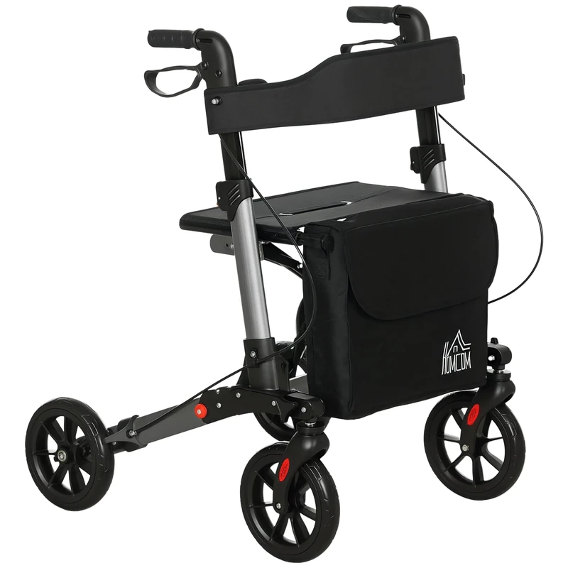 HOMCOM 4 Wheel Rollator with Seat and Back, Folding Mobility Walker with Carry Bag, Adjustable Height, Dual Brakes, Cane Holder, Lightweight Aluminium Walking Frame for Seniors and Disabled, Silver