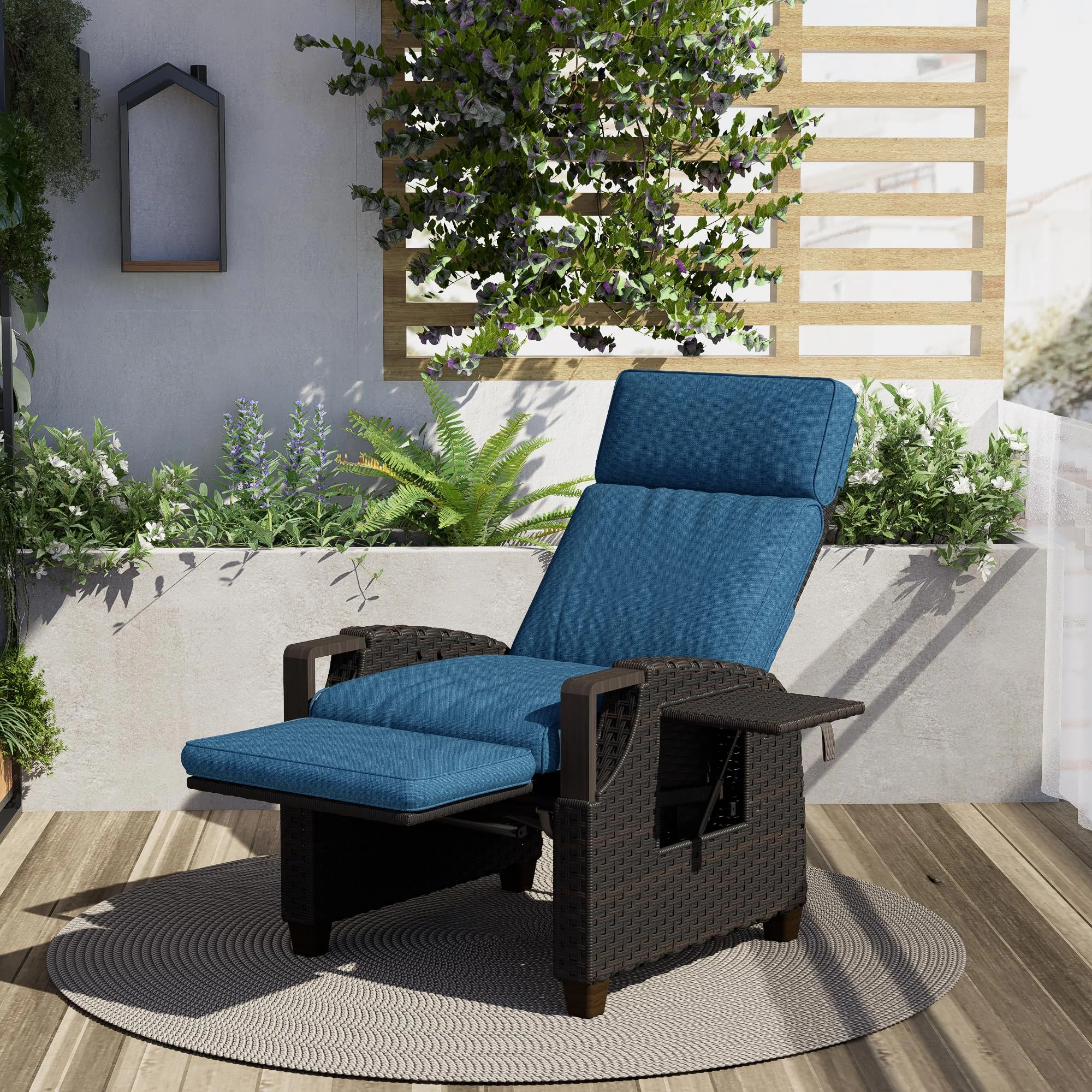 Grand patio Recliner Sun Lounger Adjustable Position Backrest Armchair with Flip Table and Cushion Lounge Chair Sunlounger for Garden, Yard, Patio, Outdoor (Peacock Blue, Double Push Button)