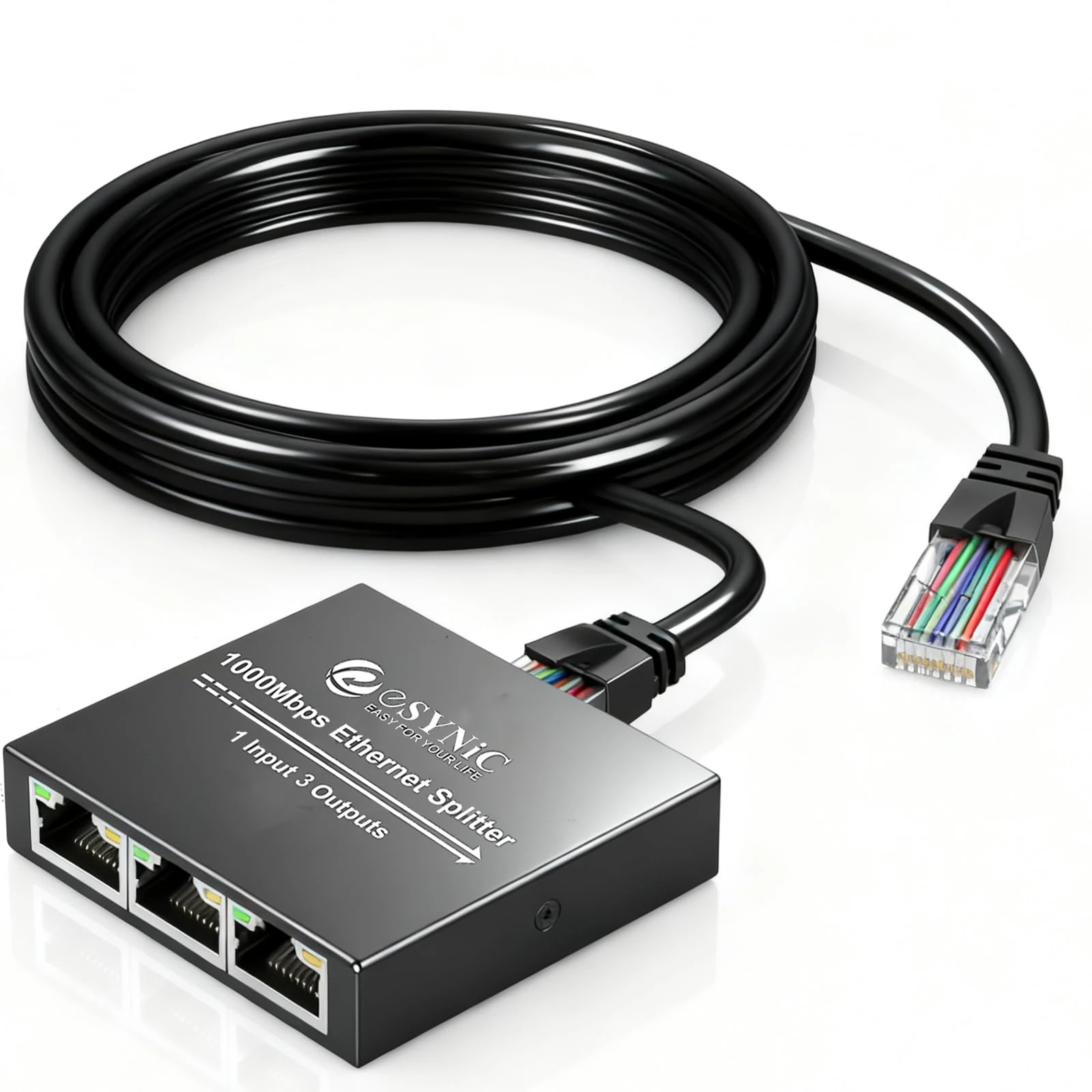 eSynic High Speed Ethernet Splitter 1 to 3 Portable USB C Rj45 Network Splitter Switch with 1 Ethernet Cable 3 Way Metal Internet Cable Splitter for Cat 8, 7, 6, 5 For ADSL, Hubs, TV, Routers, Latop