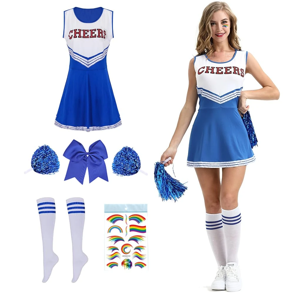Cheerleader Costume Women for Adults, Cheerleading Outfit, Cheerleading Outfit, High School Musical Cheerleader Costume, Cheerleader Pompoms for Fancy Dress, Carnival, Party, Cosplay, Fancy Dress,