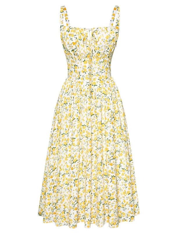 SCARLET DARKNESS Floral Printed Corset Dress Ruched Bust Cami Dress Flowy Sundress, White Yellow Floral, XL